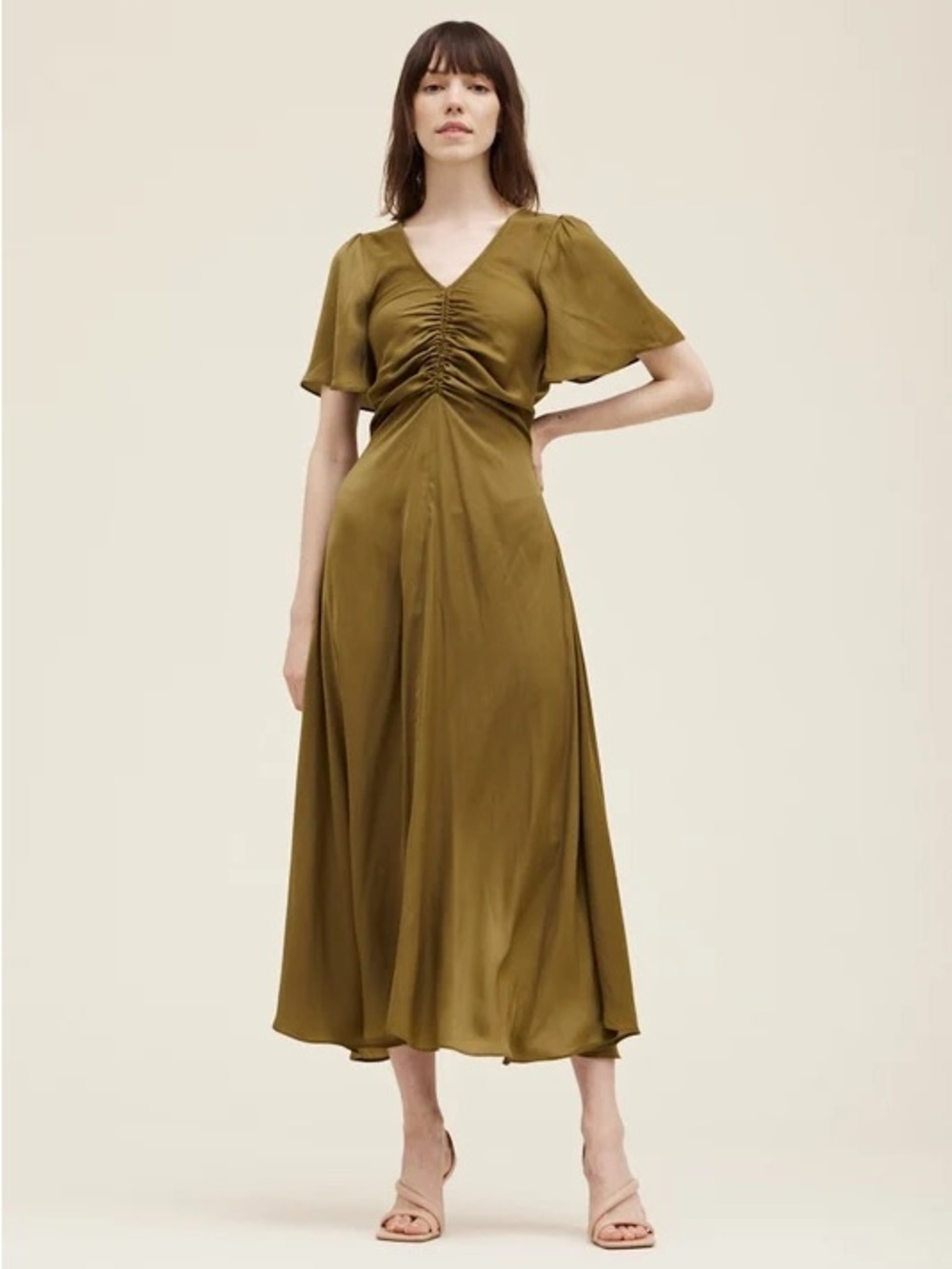Olive Green V-Neck Ruched Midi Dress